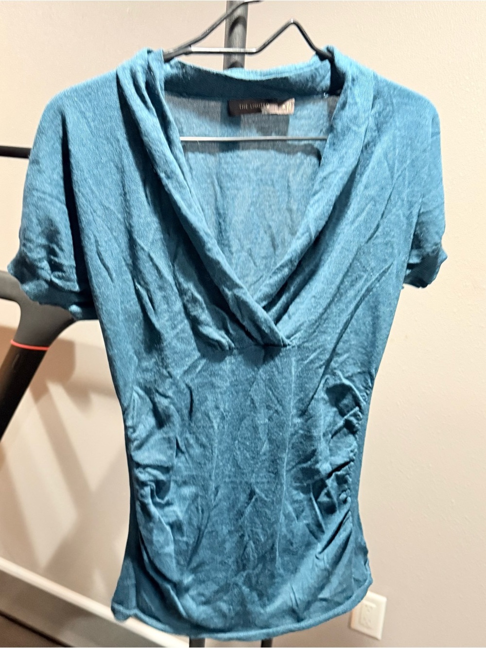 The Limited Teal Short Sleeve Drape Neck Top and Side Rouching